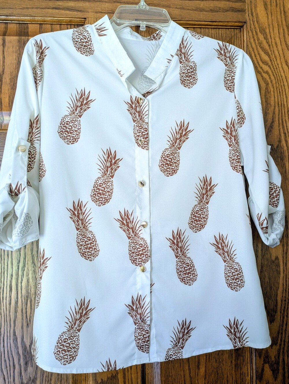 Ivory w/ Pineapple Print Button-Up Mandarin Collar Blouse - Size XL